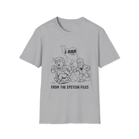 Political Satire T-Shirt — "I-Ran" From The Epstein Files Cartoon Design Trump