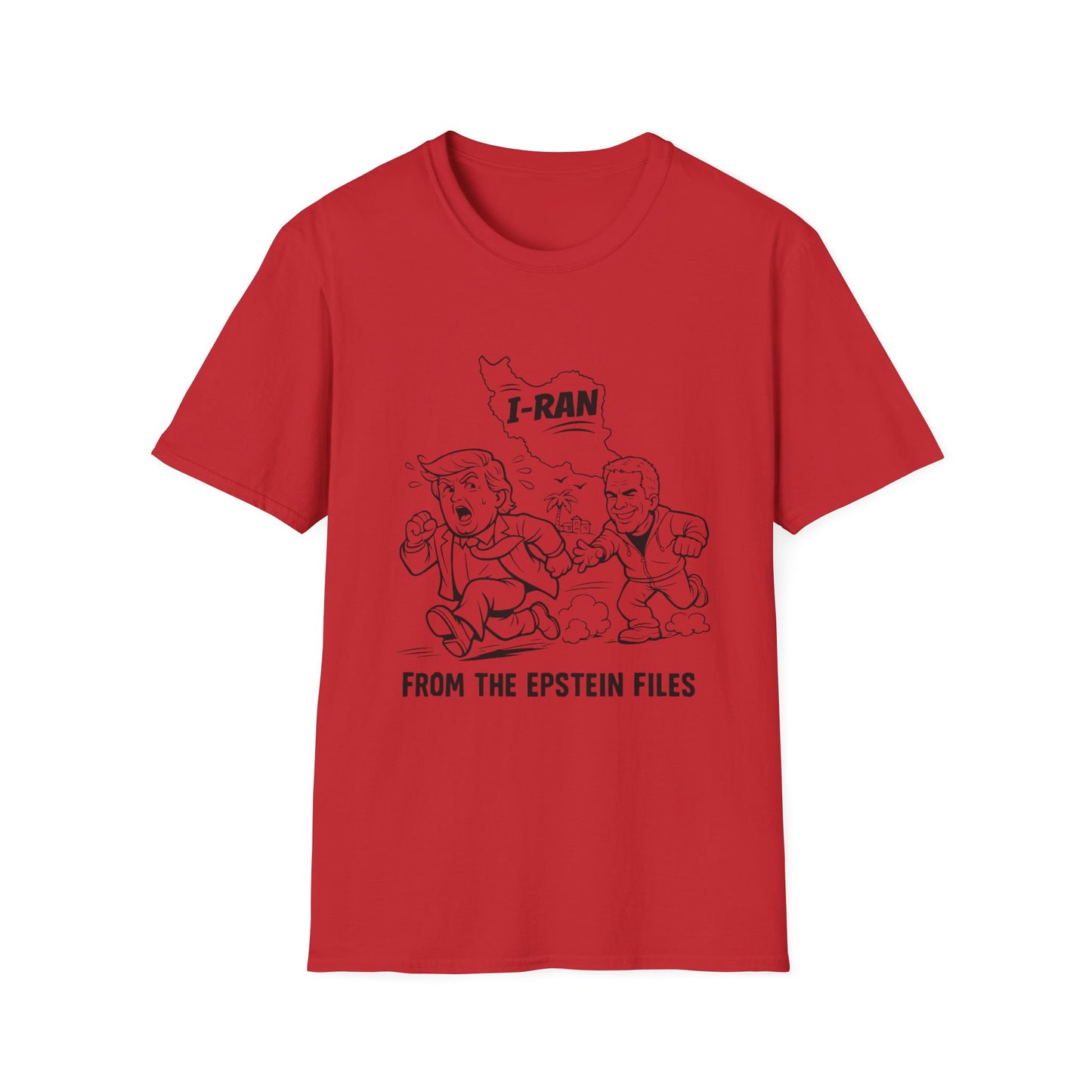 Political Satire T-Shirt — "I-Ran" From The Epstein Files Cartoon Design Trump
