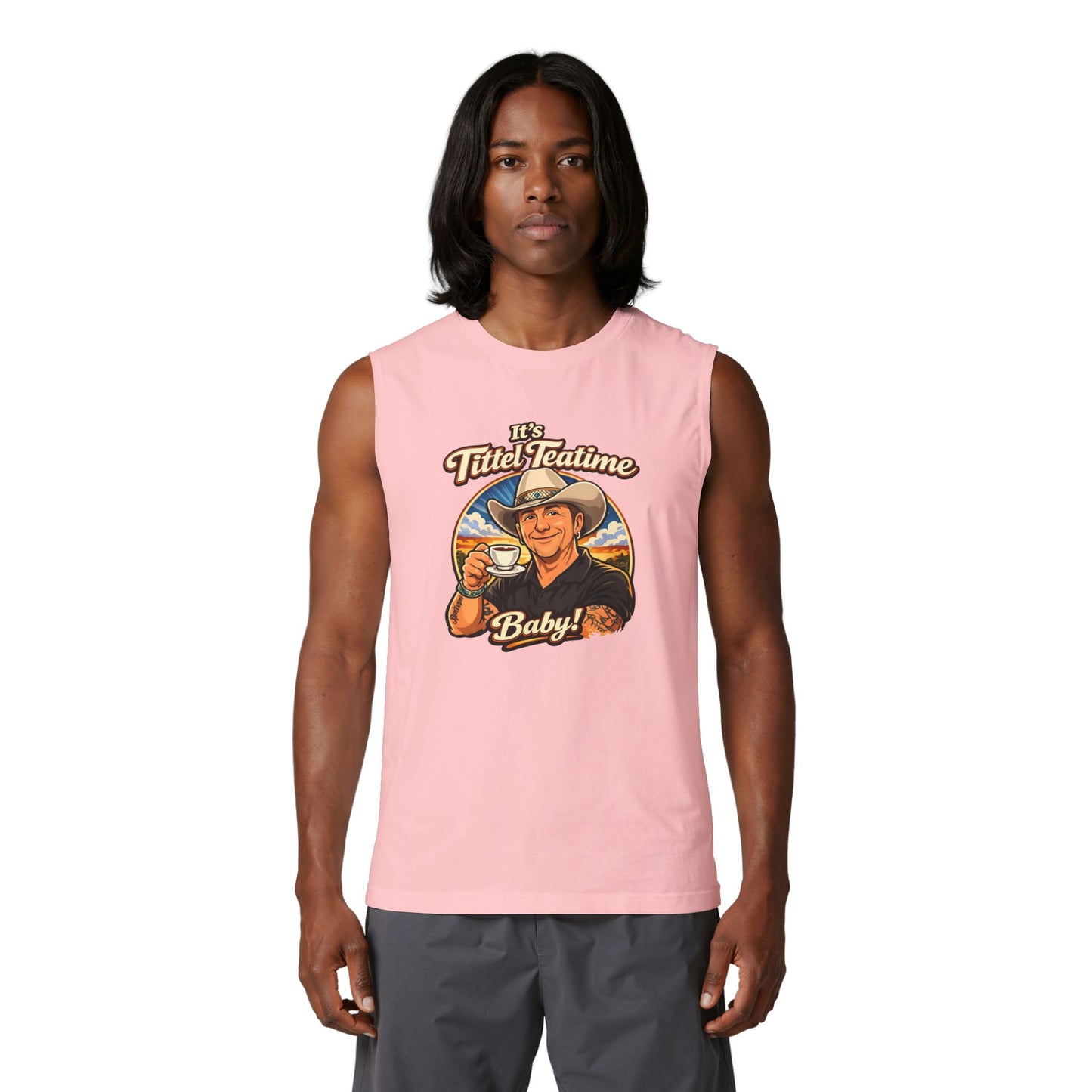 Teatime Muscle Tank — "It's Titled Teatime, Baby!" Vintage Retro Positive Back Print