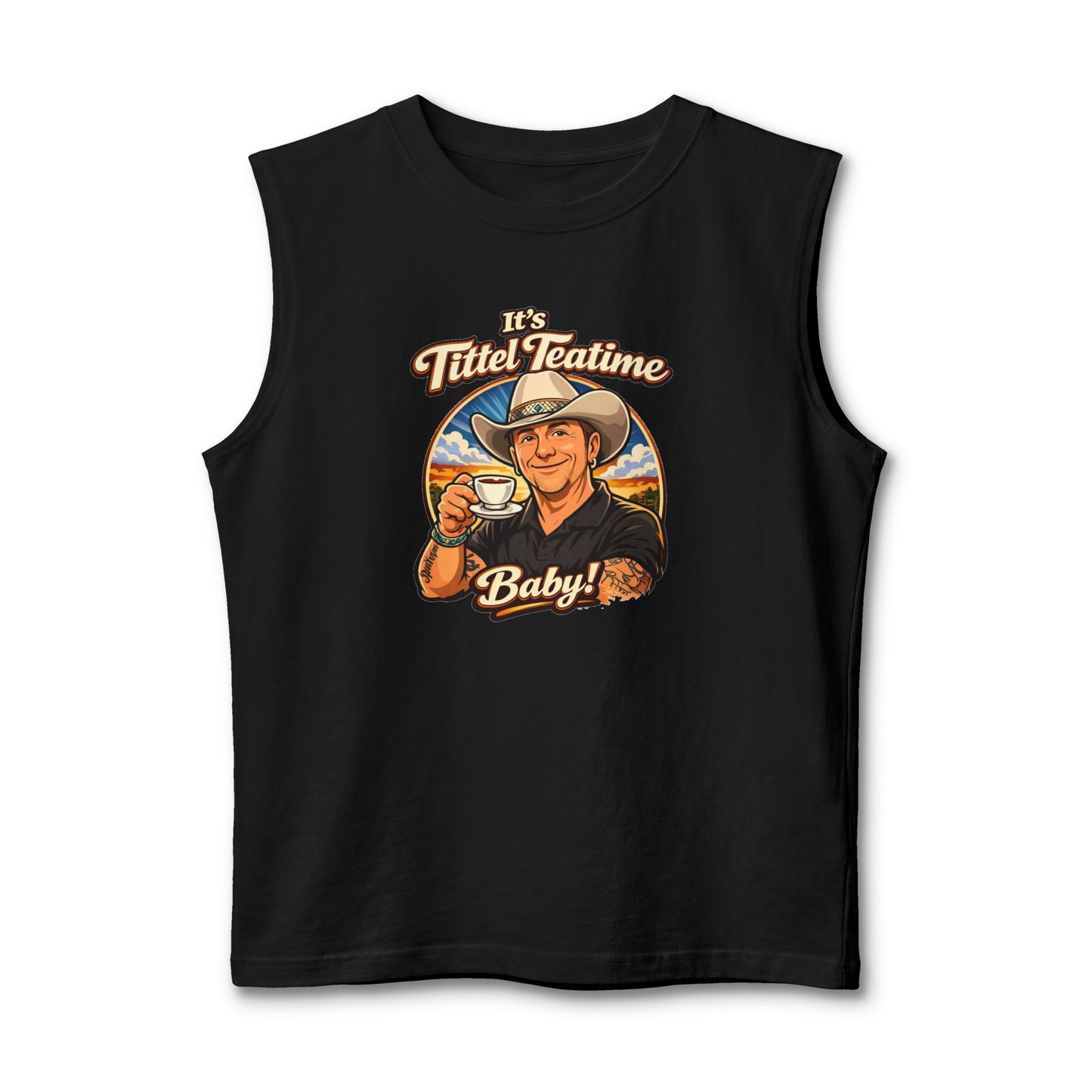 Teatime Muscle Tank — "It's Titled Teatime, Baby!" Vintage Retro Positive Back Print
