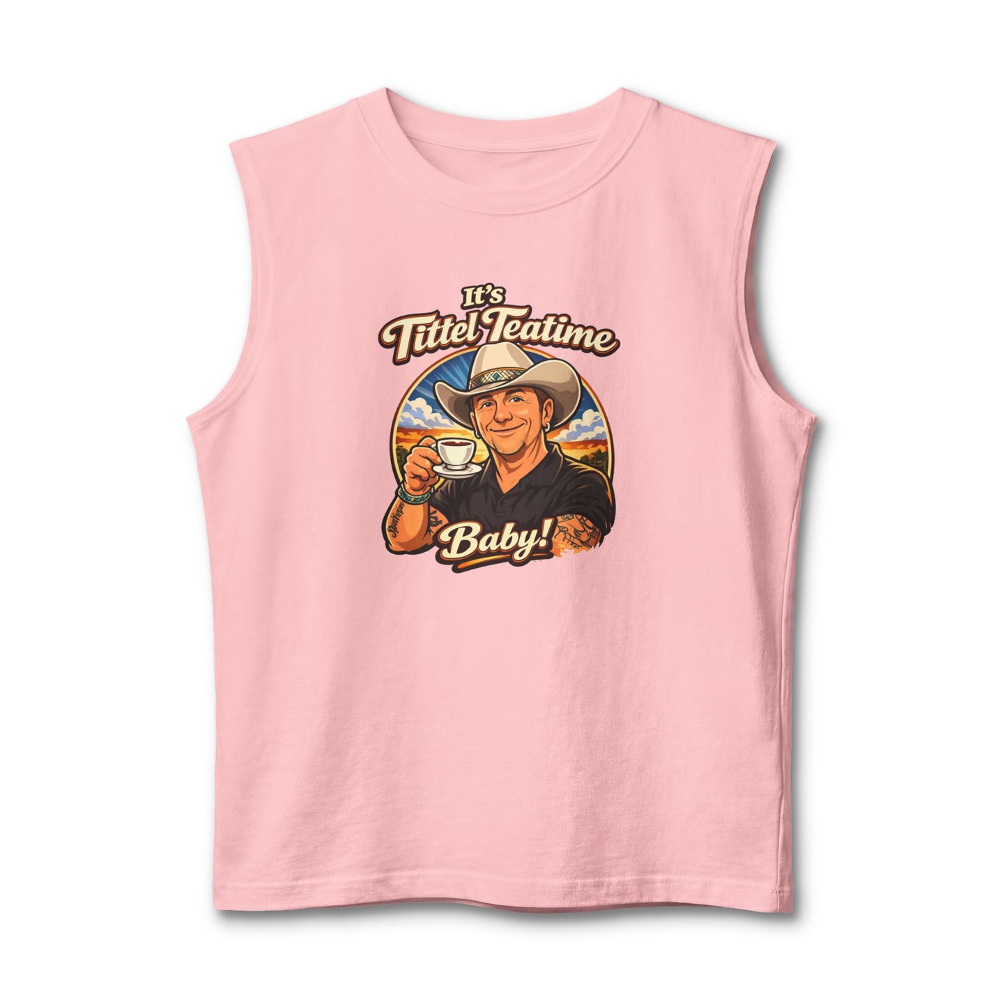 Teatime Muscle Tank — "It's Titled Teatime, Baby!" Vintage Retro Positive Back Print