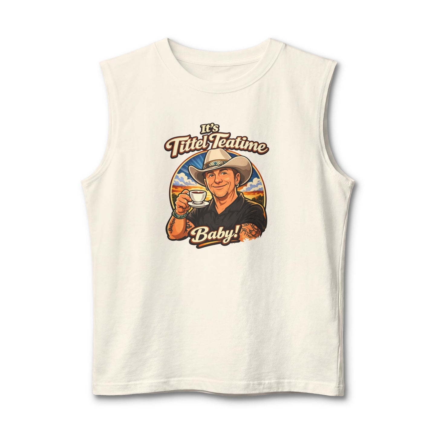 Teatime Muscle Tank — "It's Titled Teatime, Baby!" Vintage Retro Positive Back Print