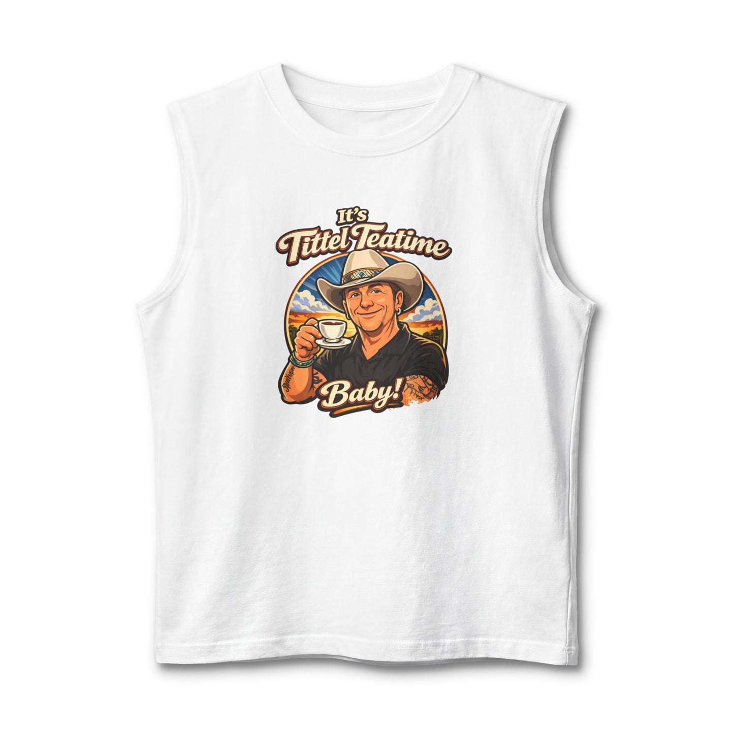 Teatime Muscle Tank — "It's Titled Teatime, Baby!" Vintage Retro Positive Back Print