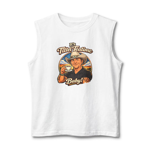 Teatime Muscle Tank — "It's Titled Teatime, Baby!" Vintage Retro Positive Back Print