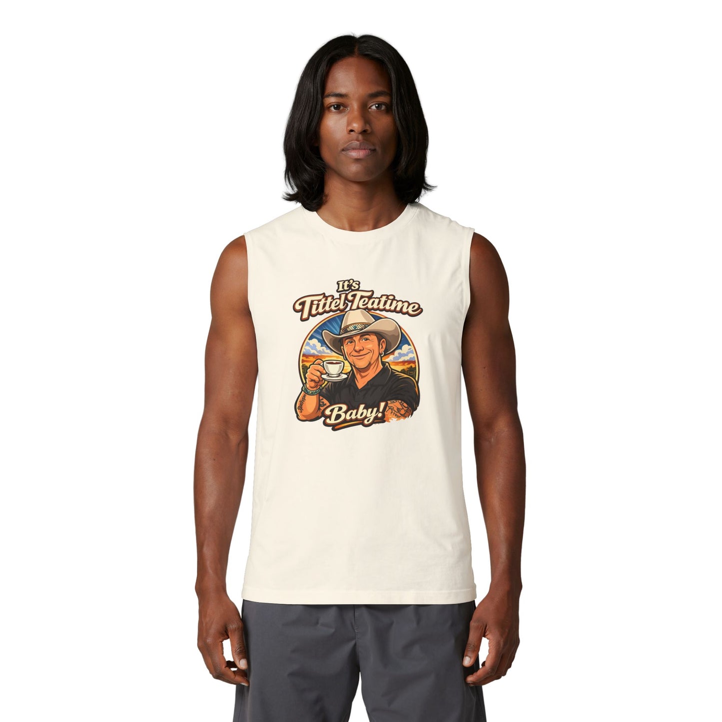 Teatime Muscle Tank — "It's Titled Teatime, Baby!" Vintage Retro Positive Back Print