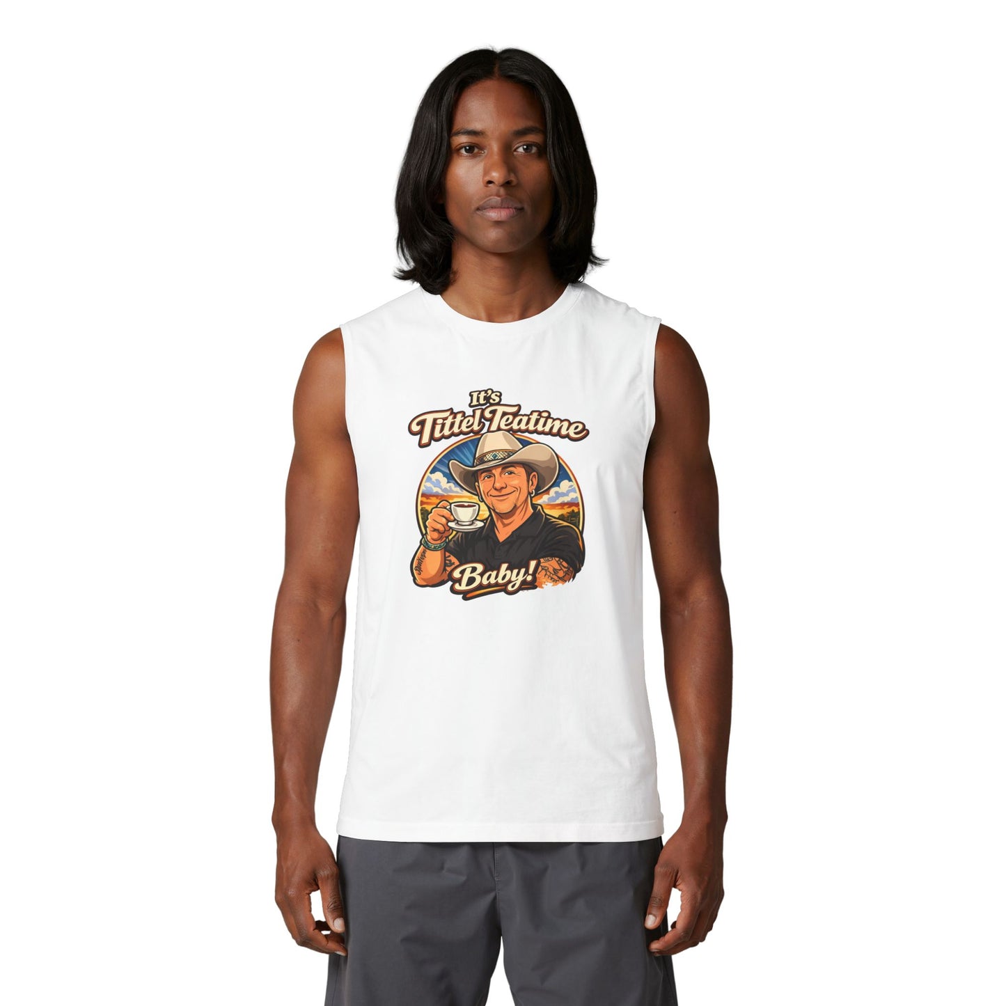 Teatime Muscle Tank — "It's Titled Teatime, Baby!" Vintage Retro Positive Back Print