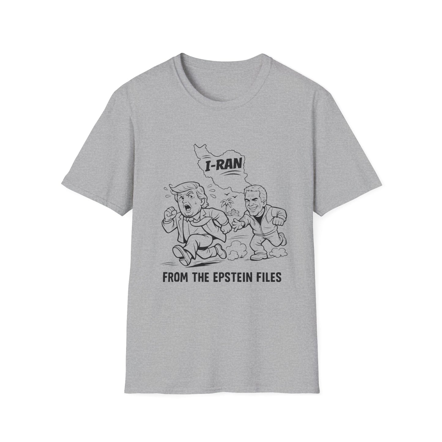 Political Satire T-Shirt — "I-Ran" From The Epstein Files Cartoon Design Trump