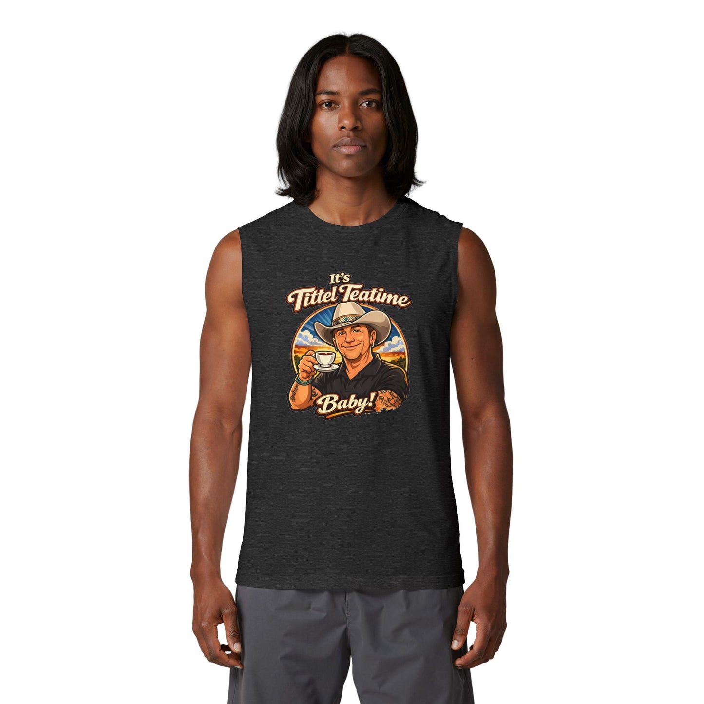 Teatime Muscle Tank — "It's Titled Teatime, Baby!" Vintage Retro Positive Back Print
