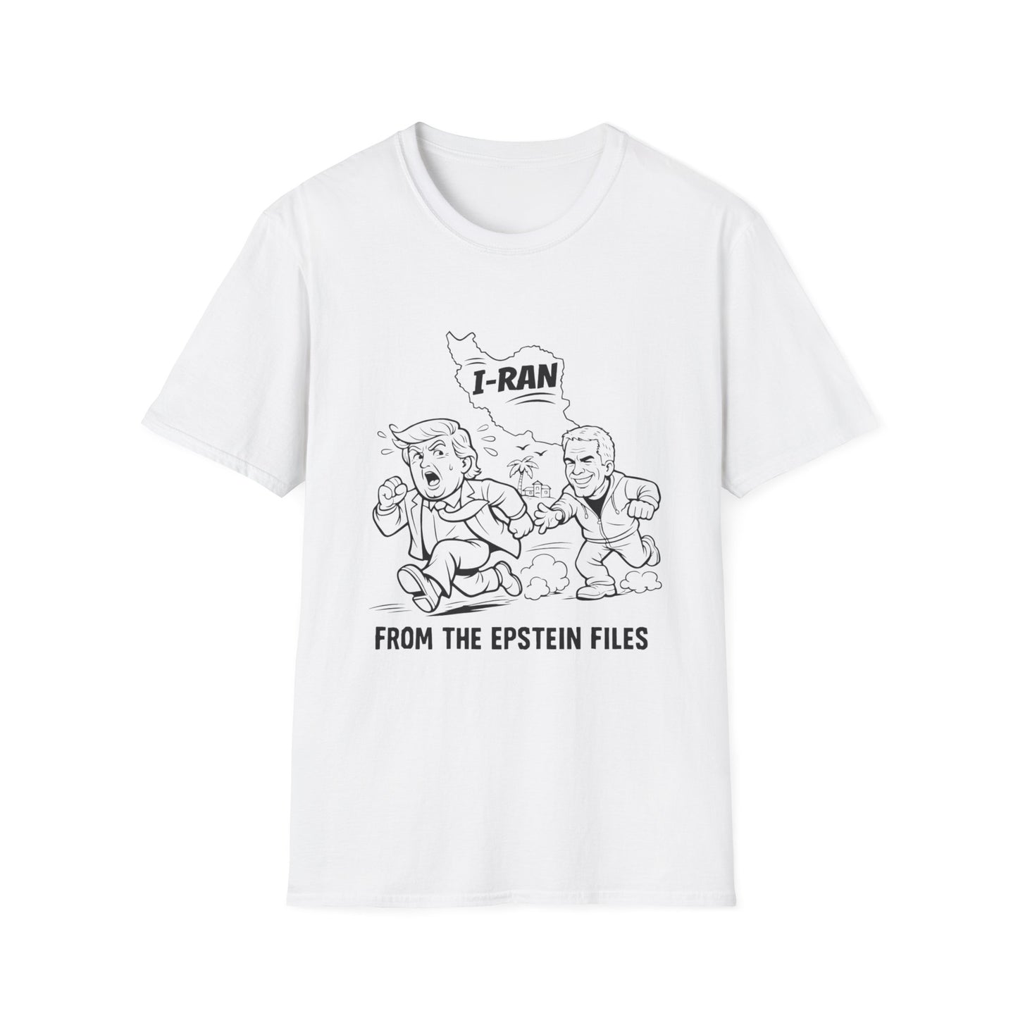 Political Satire T-Shirt — "I-Ran" From The Epstein Files Cartoon Design Trump