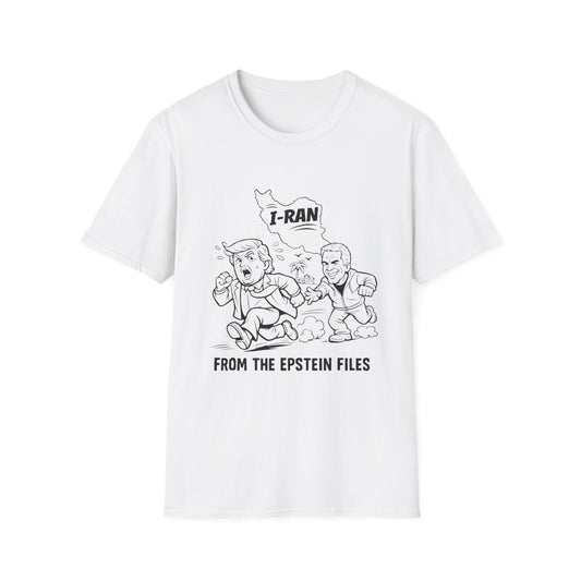 Political Satire T-Shirt — "I-Ran" From The Epstein Files Cartoon Design Trump