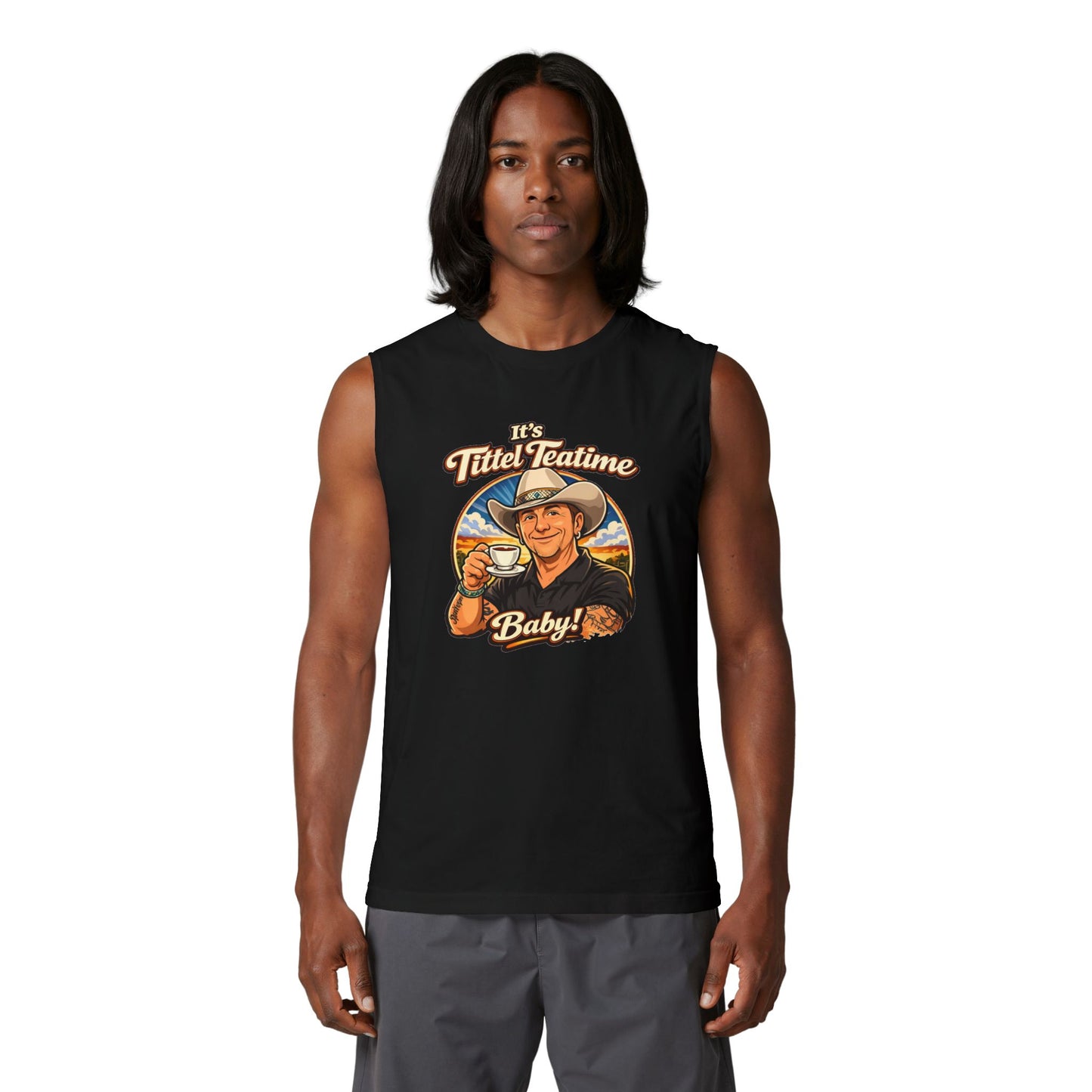 Teatime Muscle Tank — "It's Titled Teatime, Baby!" Vintage Retro Positive Back Print