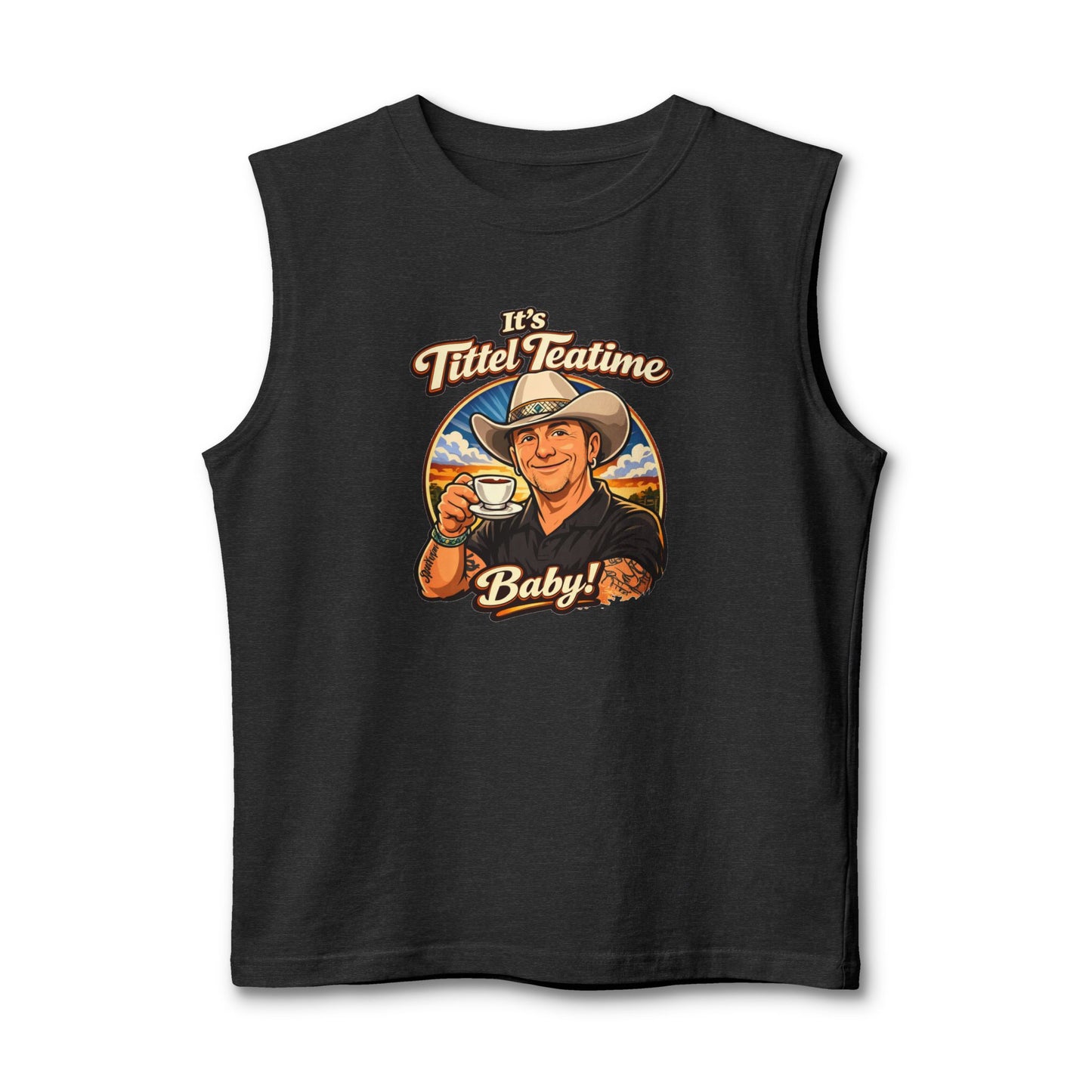 Teatime Muscle Tank — "It's Titled Teatime, Baby!" Vintage Retro Positive Back Print